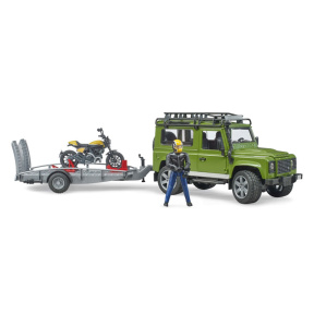 Mașină Land Rover Defender cu remorcă și motocicletă Ducati, Bruder