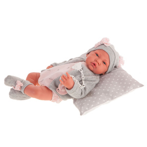 Păpușă bebeluș pe pernuță sură, 42 cm