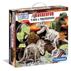 Set de joacă Săpături arheologice T-Rex și Triceratops, fosforescente Archeofun Clementoni