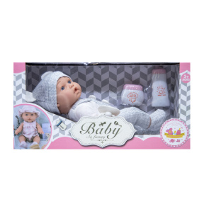 Păpușă-bebeluș 30 cm, vinil, cu suzetă, în salopetă gri