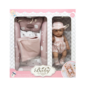 Păpușă-bebeluș „Baby so funny” 30 cm în panama roz cu pătuc