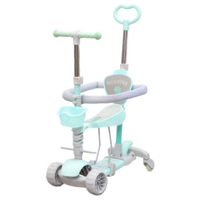 Детский самокат с корзиной,  родительской ручкой, сиденьем, защитной планкой 5 в 1, зеленый