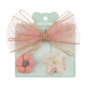 Заколки для волос MESHU Бант с короной розовый с топперами, 3 шт