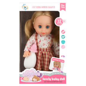 Păpușă bebeluș cu biberon, într-un sarafan roșu,