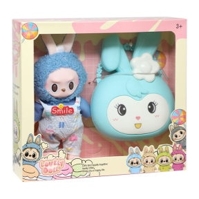 Кукла Labubu с сумочкой, в сером комбинезоне с синей головой