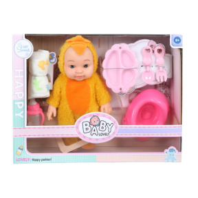 Păpușă-bebeluș în costum cu accesorii, galben