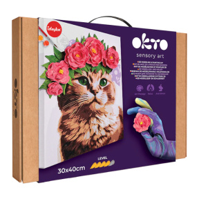 Объемная 3D картина из воздушного пластилина + картина по номерам Okto, 30×40 см, Кот в цветочном венке