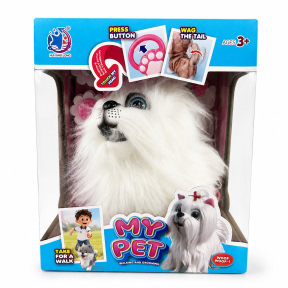 Cățeluș interactiv Bichon, alb, cu lesă și accesorii