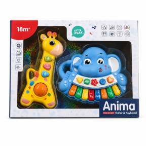 Pian electronic „Girafă și Elefant” cu funcție de înregistrare, galben-albastru